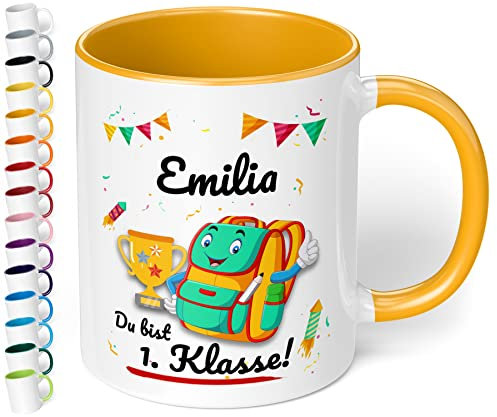 Geschenk zur Einschulung für Mädchen und Jungen: personalisierte Tasse Du bist 1. Klasse mit Namen (Goldgelb)
