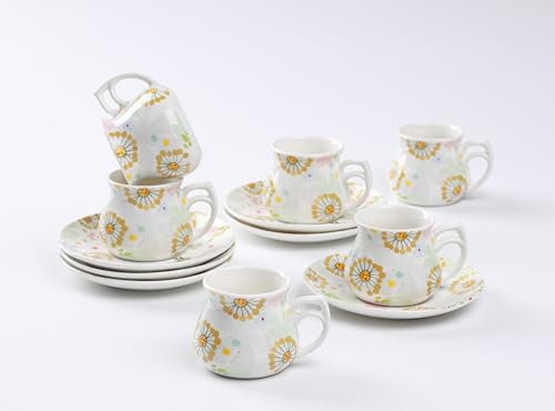 GuangYang 12 pieces Expresso Cups and Saucers for 6 People,2.0ouces/80cc/80ml,Lucky Floral Pattern,Good Gift Set