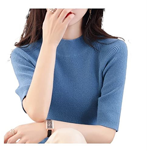 DEETEN Kaschmirpullover Damen Kurzarm Pullover Damen Pullover Kurzarm Slim Fit Strickoberteil (Color : Haze blue, Size : L)