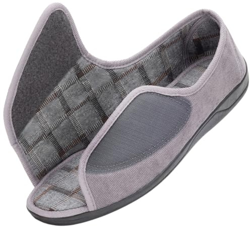 Happy Touch Open Toe Diabetic Slippers for Men Extra Wide Width, Memory Foam Open Toe House Shoes Non Slip - For Seniors Arthritis Swollen Feet, Grey 11