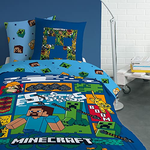 Minecraft Update Parure de lit imprimée 100% Coton - Licence Officielle | Housse de Couette 140x200 cm + 1 taie 63x63 cm | Fermeture avec rabat | Chambre enfant, lit 1 place | Certification Oeko-Tex