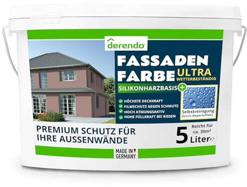 derendo Fassadenfarbe Braun ULTRA Silikonharzfarbe Schokobraun aussen 5l | Für Putz Beton, Abperleffekt, wasserabweisend, UV-beständig, hohe Deckkraft, rissfüllend, diffusionsoffen, Made in Germany,