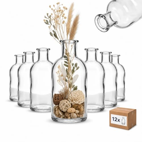 gouveo 12er Set Glasvase 100 ml Apo100 rund (0,10 l) ohne Deckel – Mini-Dekovasen aus Klarglas für Trockenblumen, Tischdeko, Hochzeit – Bottle-Design (AVTR100)