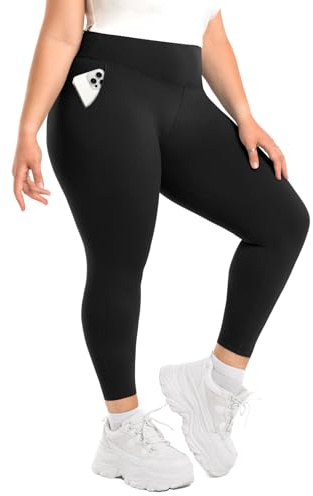 SINOPHANT Damleggings, hög midja, ogenomskinliga svarta leggings, stora storlekar med fickor, damer, 1 förpackning svart, 3XL