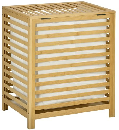 HOMCOM Wäschekorb Wäschetruhe 55L Wäschebox mit Deckel, Natur | Entnehmbarer Wäschesack, für Schlafzimmer, Bad, Bambus, 50 x 36 x 60 cm