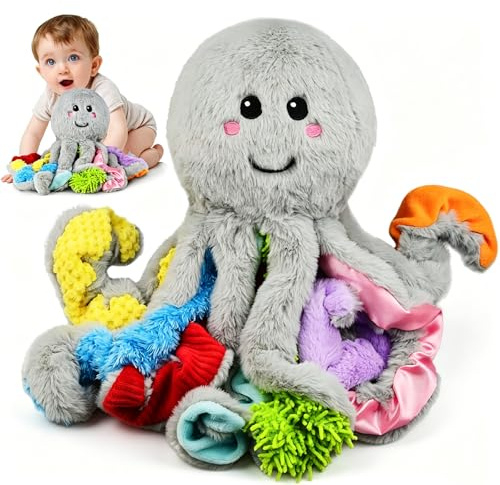 Omuyasi Kuscheltier Baby Spielzeug ab 3 6 12 Monate, Octopus Plüschtier mit 8 Texturierte Tentakel, Sensorik Autismus Spielzeug ab 1 Jahre, Geburtstag Geschenke für Baby Mädchen Junge