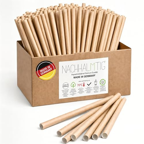NACHHALMTIG Papier Strohhalme Braun – Ø 8mm – Made in Germany, hitzebeständig 70°, ideal für Aperol, Cocktails, Latte Macchiato & mehr (200 mm, 500, stück)