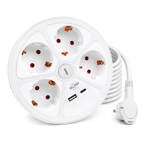 ELRO ES604 4-Fach Design Steckdosenleiste mit 1.5 m Kabel und Schalter – 4 x Steckdose + USB + USB-C – Kindersicherung – Schuko-Stecker – max. 3680 W – TÜV-geprüft