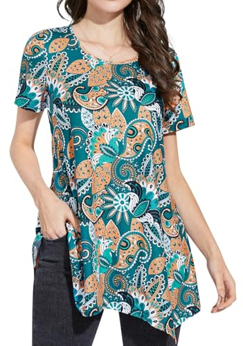 Enmain Damtunika, skjorta, kortärmad, sommar, t-shirt, blus, blommor, paisley, långtröja, toppar, elegant, ledig, rund hals, lösa toppar, S–3XL, P – grön och orange, XL