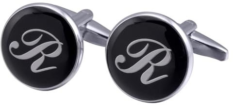 Dsnyu Manschettenknöpfe Herren Initialien, Manschettenknöpfe Herren Buchstabe R Hochzeit Schmuck Silber Schwarz für Hemd mit Geschenkbox