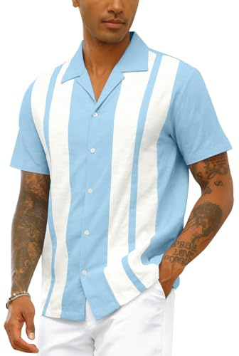 CTU Mens Vintage Bowling Shirt Cotton Linen Beach Shirts Short Sleeve Striped Button Down Summer Tops Hawaiian Shirts Light Blue XXL