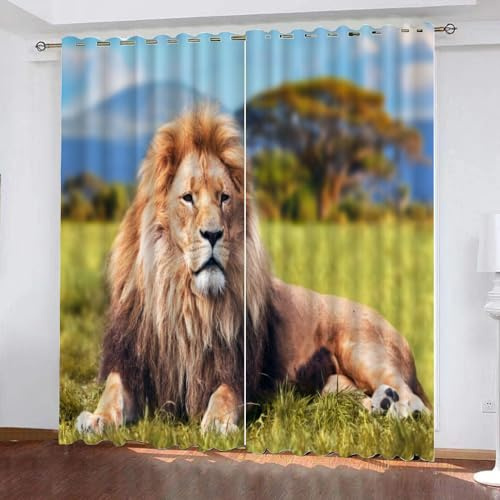 GIOVIA 3D Löwe Gardinen Abdunkelnde Tier Löwe Kindervorhänge Vorhang mit ösen 2er Set Vorhänge Blickdicht Verdunkelungs für Kinderzimmer Schlafzimmer Wohnzimmer B 140 X H 160 cm