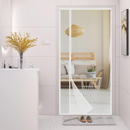 White Fiberglass Magnetic Screen Door,Reversible Left or Right Side Opening,Keep Bugs Out, Hands Free, Pet and Kid Friendly, Fits Door Size 36 x 82