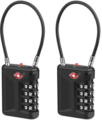 Diyife TSA Gepäckschlösser 2 Stück, 4-Stelliges Zahlenschloss mit 14 cm Stahltrosse, Reiseschloss mit Öffnung Alarmanzeige, Kabelschloss Für Tasche, Gepäck, Kabinett, Tasche, Spind, Hostel - Schwarz