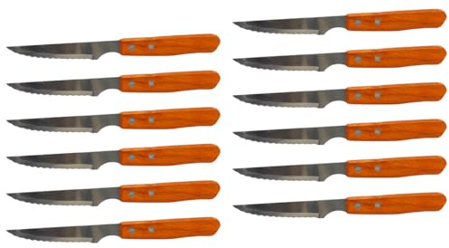 Tradineur - Pack de 12 Cuchillos chuleteros de Sierra, Hoja de Acero Inoxidable de 10 cm y Mango de Madera, Cubiertos clásicos, Aptos para lavavajillas - 21 cm