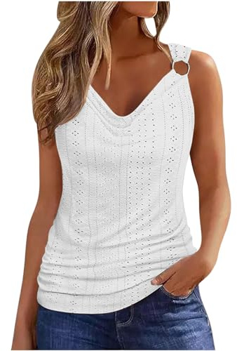 Keepink Débardeur long pour femme - Décontracté à œillets - Sans manches - Débardeurs amples - Col bénitier - Bretelles froncées - Chemises élégantes pour fêtes - T-shirts d'été pour femme, 1 blanc.,