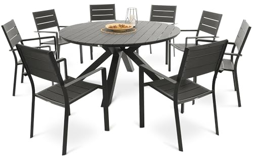 di volio Gartenmöbel-Set Essgruppe Aluminium Kunstholz Textilene Rund Osimo | Runder Tisch, Nivellierfüße, stapelbare Stühle mit Armlehnen, pflegeleicht, korrosionsbeständig, 6–8 Sitzplätze
