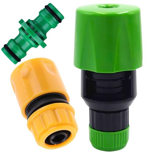 Hose Pipe Tap Connectors with Spray Nozzle, Set of 3, Green and Yellow