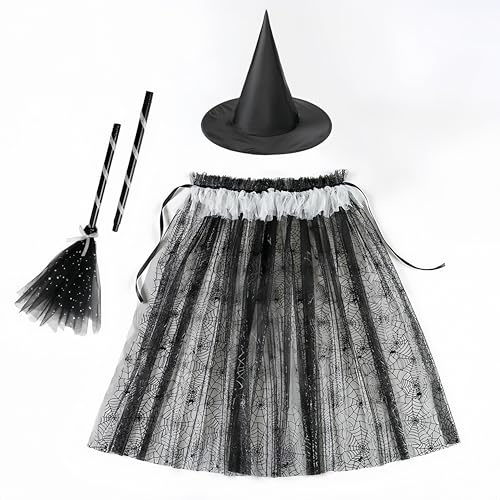 Proumhang Halloween Witch Costume Set, Tulle Spider Web Cape Robe, Mesh Cape, Princess Cloak, Baby Girls Costume, Cloak, Broomstick, Hat, Style 1