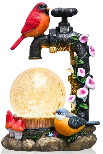 TERESA'S COLLECTIONS Garden Ornaments Outdoor, Red Robin Bird on Faucet with Crackle Glass Ball, Waterproof Resin Robin Bird Ornaments, Robin Gifts, Birthday Gifts for Mum, Indoor Outdoor 15CM