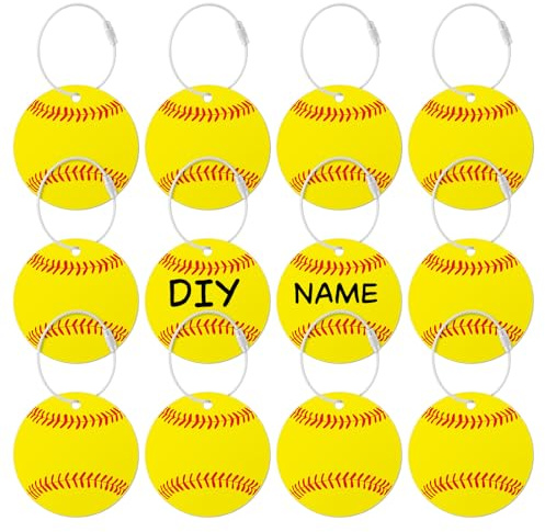 12 Pcs Softball Luggage Tags for Suitcases Travel Suitcase Labels with Metal Ring 2.75in Softball Keychain PVC Name Id and DIY Pocket Hug Card Backpack Charms for Men Women Travel Bag Suitcase