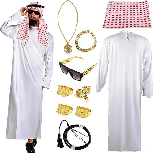 Aitsite Scheich Kostüm Herren, Kostüm Scheich Araber,10 Stück als Set Aladin Kostüm Weißes Gewand Mit Kopftuch, Finger Ring,Halsketten,Sonnenbrillen, Faschingskostüme Herren für Party,Cosplay