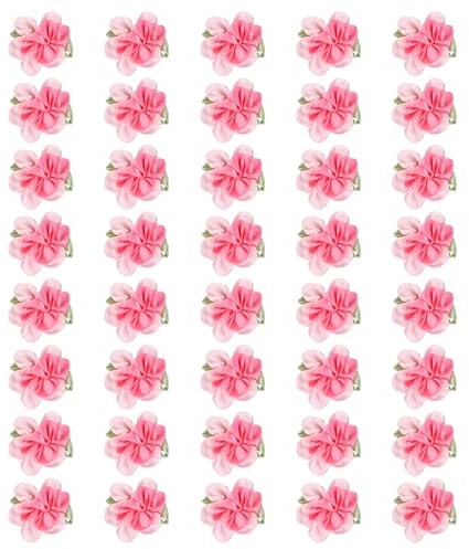 PATIKIL 1 Nastro Fiori Fiocchi Artigianato, 40Pz Mini Rose Raso Fiori Piccoli Teste Fiori Tessuto Fai da Te Applicazioni Cucito per Regalo Matrimonio Ornamento Sposa, Rosa Chiaro/Bianco