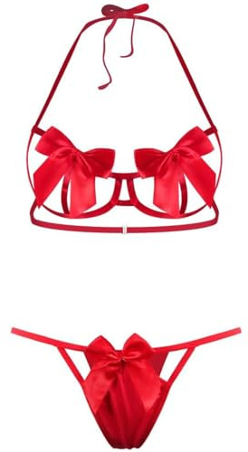 Mini Kitty Set di Lingerie Sexy per Donne con Fiocco, Reggiseno con Spalline, Slip, Reggiseno a Balconcino e Slip, Babydoll, Pigiama Teddy, Biancheria Intima con Laccetti, Idea Regalo per San