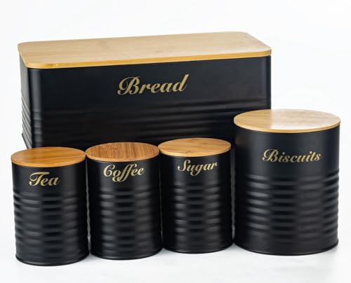 LENAK Tea Coffee Sugar Canister Set - Labelled Containers for Tea Coffee Sugar Tins Jar Sets for Kitchen Accessories & Essentials (Black 5 Pieces)