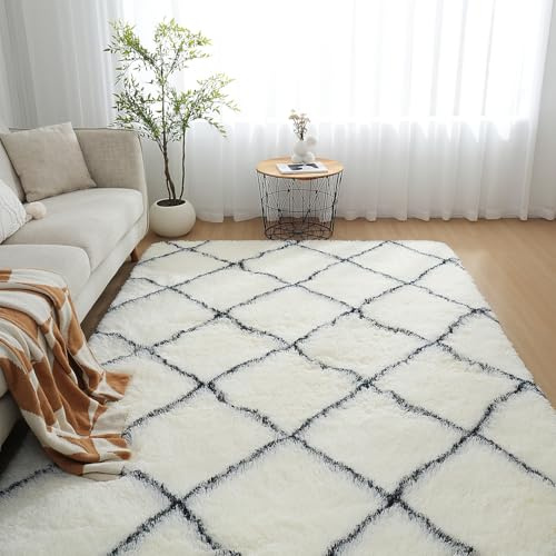 FREOSEN Tapis Salon Chambre Blanc Tapis Shaggy de Chambre 160 x 230 cm à Poils Longs Descente de lit Moelleux Tapis Doux Poils Longs pour Salon Chambre Canapé