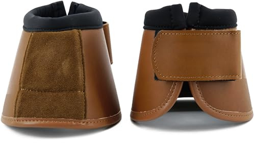 QMYBROW No Turn Bell Boots Hoof Protection,Shock Absorbing, Water-Repellent,with Anti-Spin Fastening System |Neoprene,Waterproof Cloth,Genuine Leather (Brown, Cob (Medium))