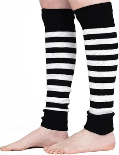 Kids Stripe Leg Warmers Stay Warm & Stylish with Knitted Ankle Legwarmers for Girls Perfect for Book Week Christmas School Dance Party Sports Yoga (White Black, One Size)