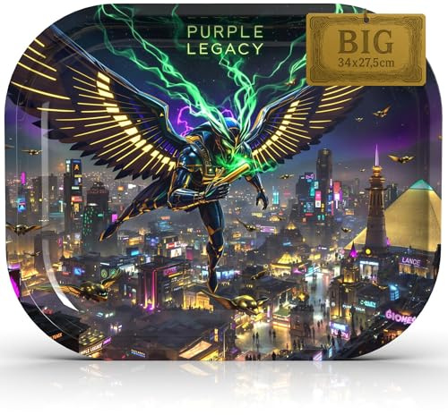 PURPLE LEGACY® Vassoio per rollare 34 × 27,5 × 2,7 cm | Foglio di metallo | Design Cyberpunk egiziano | Vassoio pratico con angoli arrotondati (Dio della città)