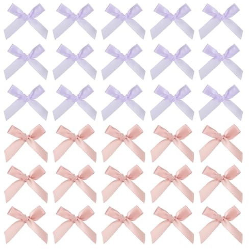 QUARKZMAN 50 Stück Schleifen Satinband Schleife Geschenkschleife 1,8 Zoll Mini Schleifen für Bastelarbeiten DIY Nähen Hochzeit Geburtstag Dekoration Geschenkverpackung Lila/Koreanisch Pink