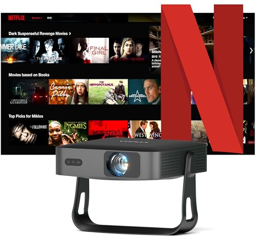 Netflix Oficial Mini Proyector Portatil 4K con Auto Enfoque/Keystone, VOPLLS Smart Proyector 600ANSI 1080P Full HD WiFi6 Bluetooth Giratorio 360° Projector para Movil/Exterior/Cine en Casa