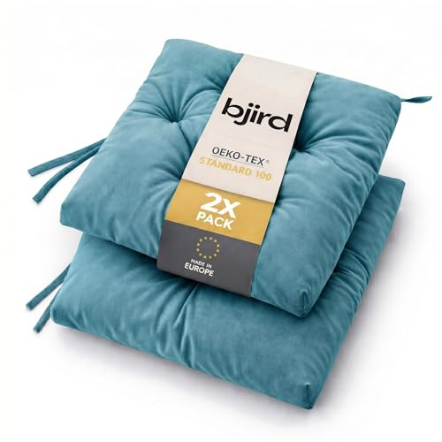 Bjird Wasserdichtes Stuhlkissen 45x45 cm – Gartenkissen für Stühle & Sessel – Dickes Sitzkissen 6 cm – Outdoor Sitzauflage für Gartenmöbel – Wetterfest & Pflegeleicht - 2er Set - Blau