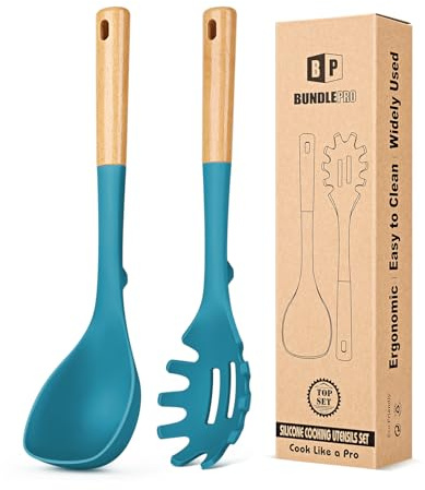 Silicone Soup Ladle and Spaghetti Spoon Set with Wooden Handle, Non Stick Heat Resistant Kitchen Utensils for Cooking, Stirring, Serving Pasta, Soup & Sauce(Blue)