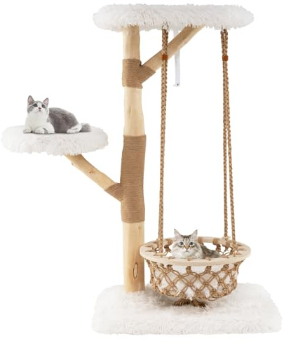 COSTWAY Kratzbaum Holz, Katzenbaum mit Hängekorb, Seil & Birnbaumstamm, Kratzpfosten aus Jute, 2 Sitzstangen & Plattform, Katzenmöbel Kletterturm, Katzenkratzbaum Katzen, Natur+Weiß (123 cm)