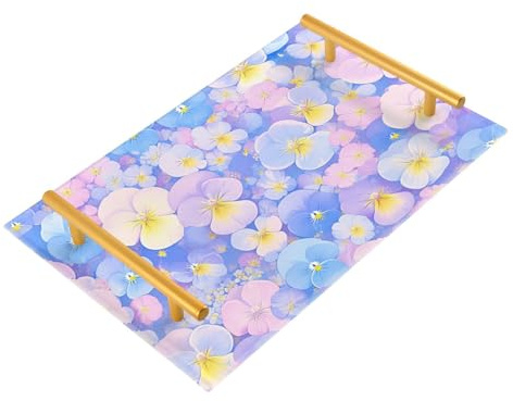 Light Blue and Pink Pansies Flowers Decorative Bar Tray with Handles Plastic Food Tray for Jewelry Perfume for Decorative Food bandejas para comida
