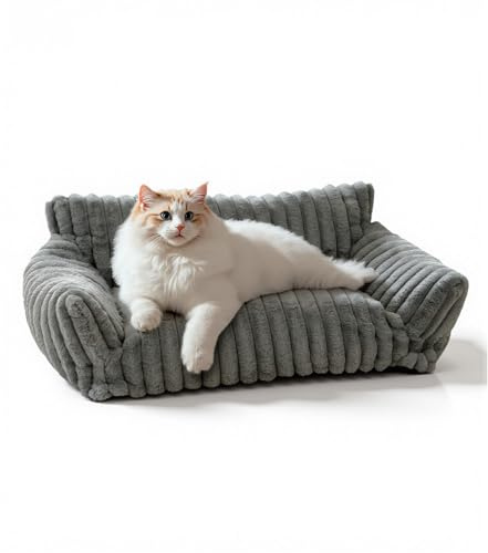 The Fellie Cat Sofa Bed, Fluffy Calming Large Dog Sofa Bed with Non-Slip Bottom, Supportive Soft Cat Beds for Indoor Cats, Washable Dog Beds for Medium Small Dogs,Grey, 91x69x25cm