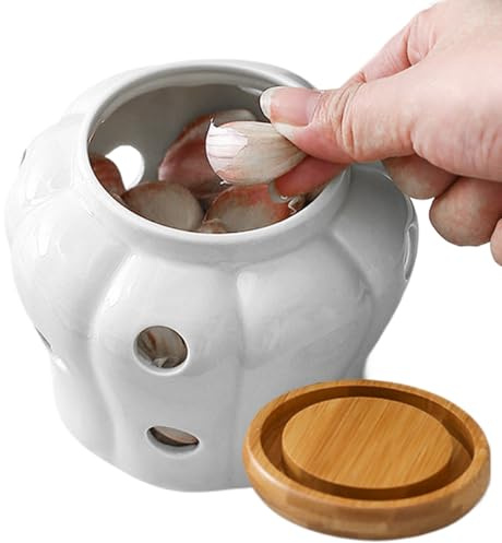 Garlic Pot 4x4in Vented Freshness Ceramic Kitchen Garlic Keeper Large Opening with Lid Countertop Non-Slip Hollow Stylish Storage for Onions, Ginger (White)