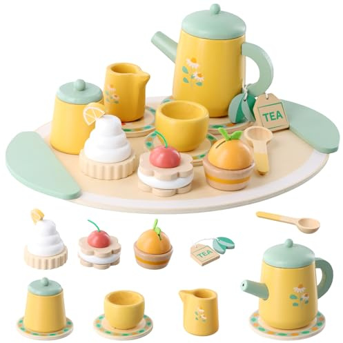 Set Tazzine Gioco per Servizio da Tè, Tea Party Gioco di Ruolo Giocare, Accessori Cucina Giocattolo Legno per Bambini Bambina, Set Cibo Finto Giocattolo Regalo Bambino Compleanno Halloween Natale