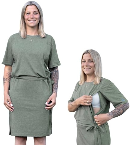 Soulmum Stillkleid – Weiches Stillkleid aus Bambusjersey und Bio Baumwolle – Stillfreundliches Umstandskleid für Schwangerschaft & Stillzeit – Umstandsmode & Stilloberteile (Melange grün-grau Größe:L)