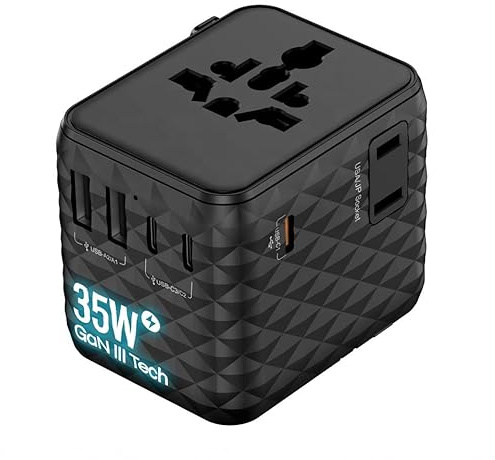 WZ Universal Travel Adapter Worldwide 35W GaN, International Travel Plug Adaptor with 5 Ports (3 USB-C + 2 USB-A) for 200+ Countries, UK EU USA AUS, iPhone 16 MacBook iPad Vision Pro