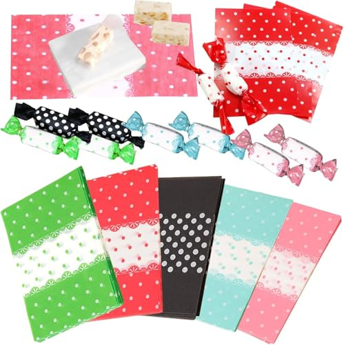 500PCS Papier Bonbons Tangger Papier Sulfurisé Nourriture papiers Emballage de nougat Bonbons au lait Pois Vague Cœur Multicolore pour Buffet Cadeau Biscuit Deco Mariage Fete Anniversaire(12.5×9cm)