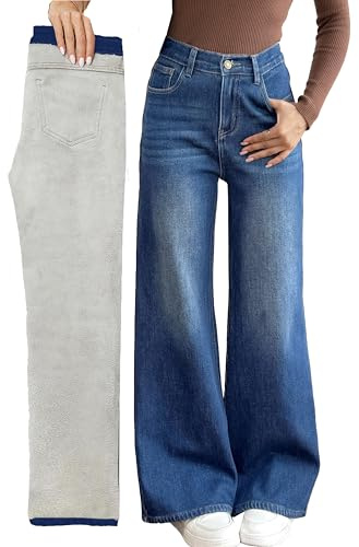 Fakanhui Jeans larghi da donna foderati in pile a gamba larga invernali termici caldi in flanella jeans larghi Y2K boyfriend denim pantaloni, Leggero., M