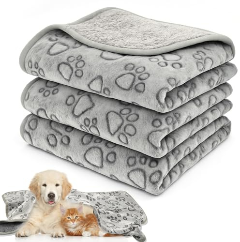 Neerow 3 Pack Dog Blanket Washable, 76 x 52 cm Fleece Cat Blanket, Soft Fluffy Puppy Pet Blankets for Medium Small Indoor Dogs Cats Sofa Bed, Grey