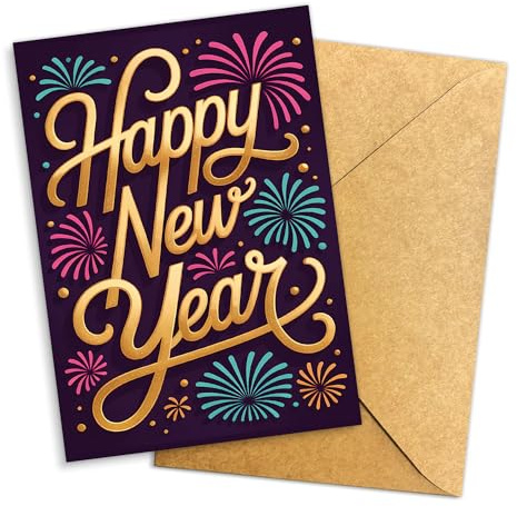 Podagree Happy New Year Card Gold Lettering with Fireworks Design Festive Celebration Greeting for Friends Family Coworkers Elegant Luxury New Year 2026 Holiday Card 5.3''x8'' Folded with Envelope