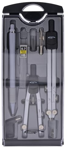 Graphoplex - Set de 2 Compas : 1 à Branche Télescopique et 1 Petit Balustre - Corps tout en Métal - 1 Porte et 1 Recharge Mines, 1 Tire Lignes et 1 Adaptateur Inclus