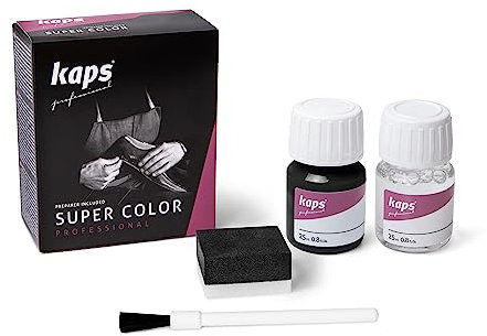 Tinte con Imprimación para Zapatos y Bolsos Textiles Y de Cuero Natural Y Sintético, Kaps Super Color And Preparer, 70 Colores (118 - negro)
